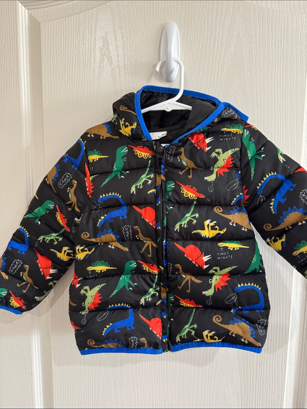 Epic Threads Black Puffer Jacket with Multicolor Dinosaur Print